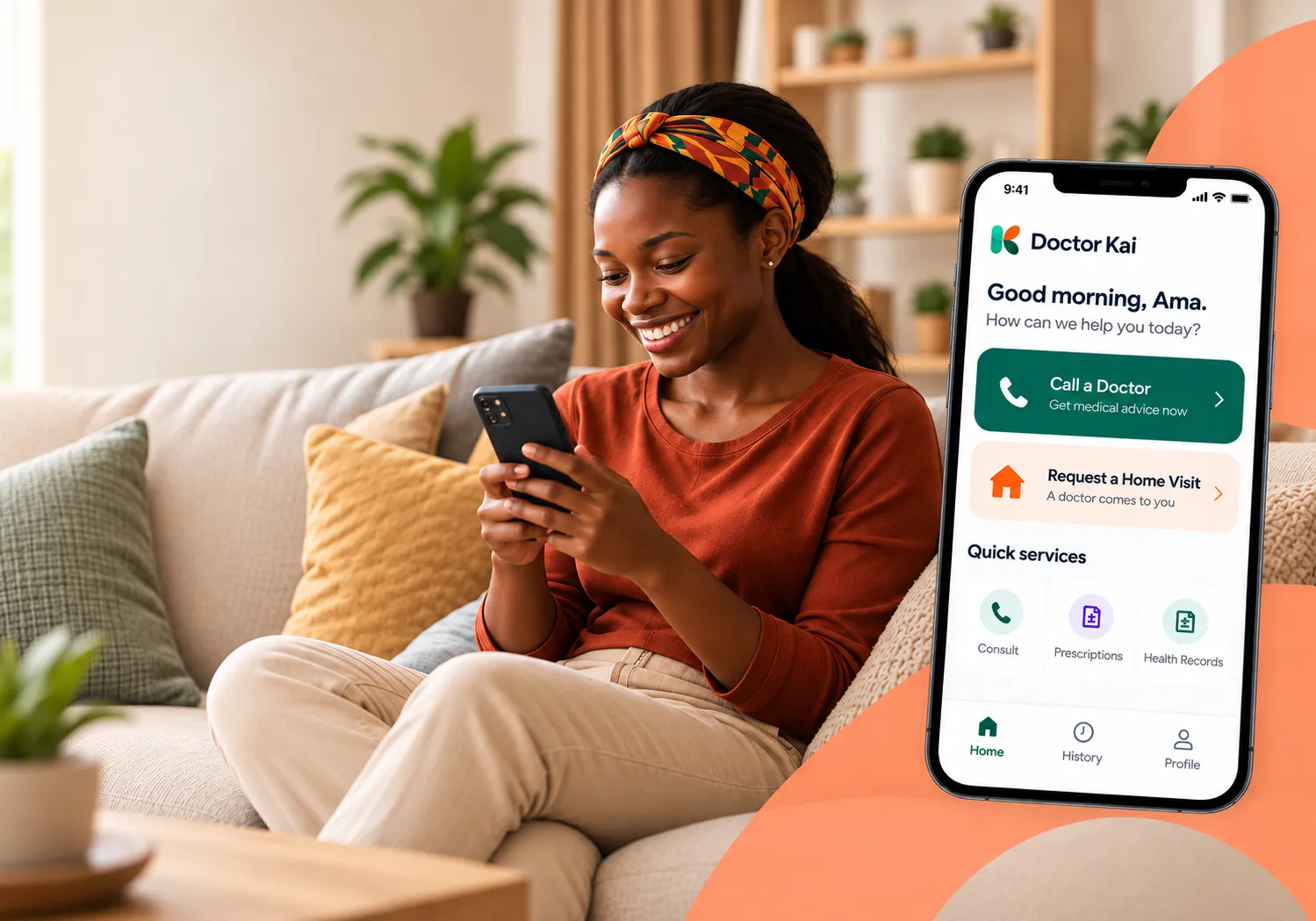 A woman using her phone at home, alongside a Doctor Kai app preview with call and home visit options